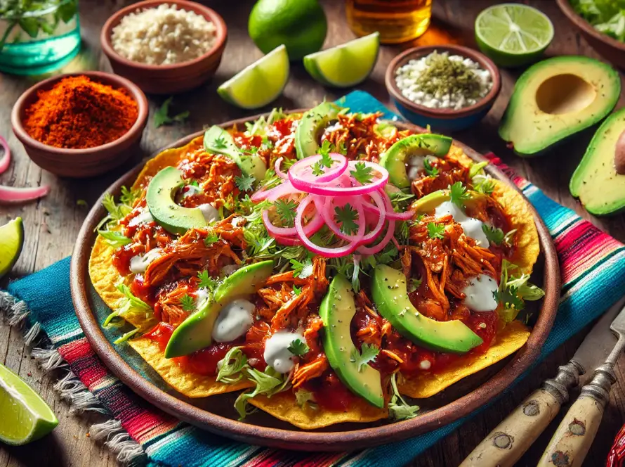 A vibrant plate of Tostadas de Tinga topped with shredded chicken in chipotle sauce, avocado slices, pickled red onions, and fresh cilantro, surrounded by traditional Mexican ingredients like lime wedges, queso fresco, and dried chili peppers.